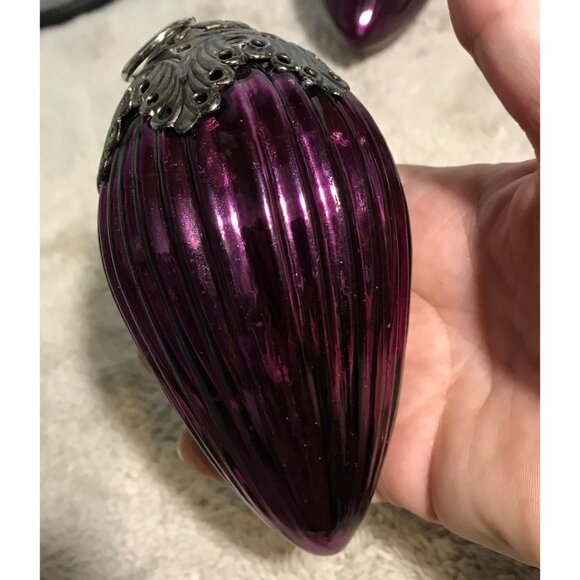 Purple Glass Christmas Ornaments Ornate Silver Caps Kugel? Vintage Very Heavy - Picture 7 of 14